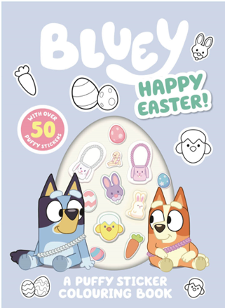 Bluey Happy Easter! A Puffy Sticker Colouring Book cover featuring Bluey and Bingo characters with Easter-themed stickers and eggs on a light blue background