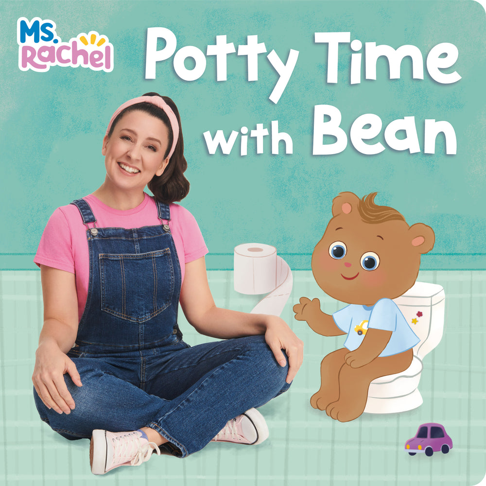 Ms. Rachel Potty Time with Bean board book cover featuring Ms. Rachel modeled by a woman in pink shirt and denim overalls sitting next to animated brown bear ch