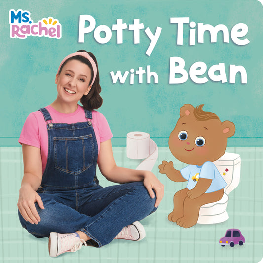 Ms. Rachel Potty Time with Bean board book cover featuring Ms. Rachel modeled by a woman in pink shirt and denim overalls sitting next to animated brown bear ch