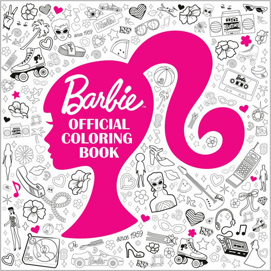Barbie Official Coloring Book cover featuring a large hot-pink silhouette of Barbie's head in profile with white text, surrounded by black-and-white line-drawn