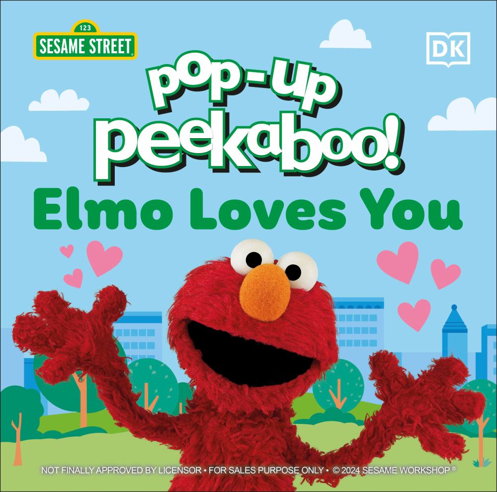 Sesame Street Pop-Up Peekaboo! Elmo Loves You board book cover featuring Elmo with arms raised surrounded by pink hearts, clouds, and a city skyline