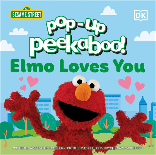 Sesame Street Pop-Up Peekaboo! Elmo Loves You board book cover featuring Elmo with arms raised surrounded by pink hearts, clouds, and a city skyline