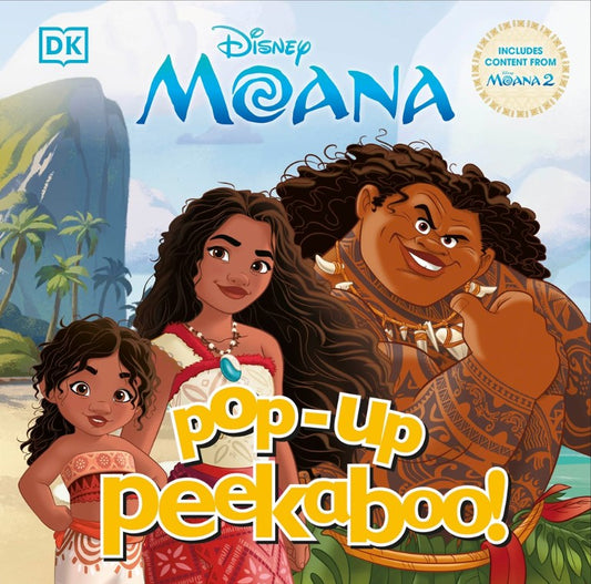 Disney Moana Pop-Up Peekaboo! Interactive Board Book cover featuring Moana, Te Fiti, and Te Kā characters with tropical island scenery and DK publisher logo