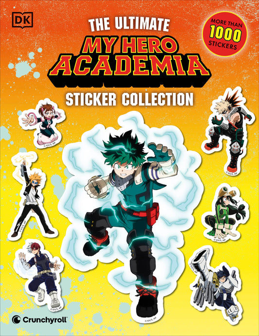 The Ultimate My Hero Academia Sticker Collection book cover featuring a central character with green spiky hair in a teal hero suit surrounded by sticker charac