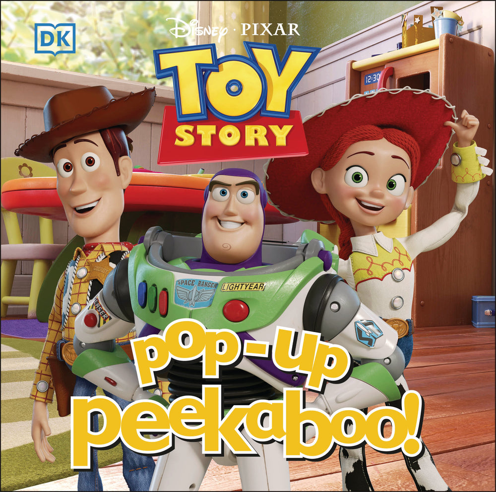 Disney Pixar Toy Story Pop-Up Peekaboo! Board Book cover featuring Woody, Buzz Lightyear, and Jessie characters in a playroom setting