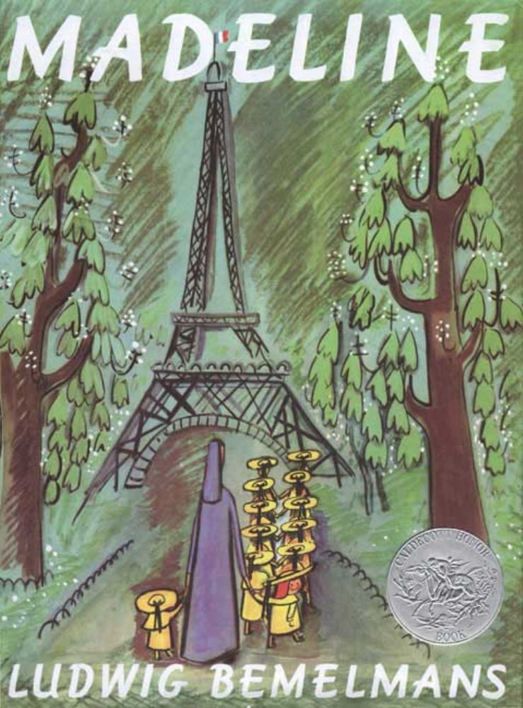 Madeline book cover by Ludwig Bemelmans showing a girl in a purple coat walking with other children toward the Eiffel Tower lined with green trees