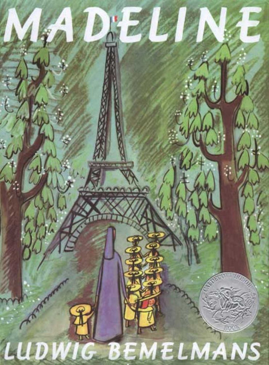 Madeline book cover by Ludwig Bemelmans showing a girl in a purple coat walking with other children toward the Eiffel Tower lined with green trees