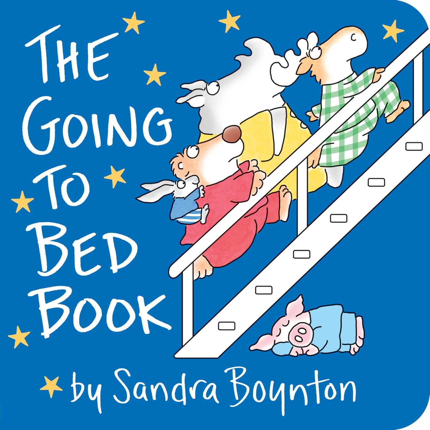 The Going to Bed Book by Sandra Boynton book cover featuring illustrated characters climbing stairs with stars on blue background