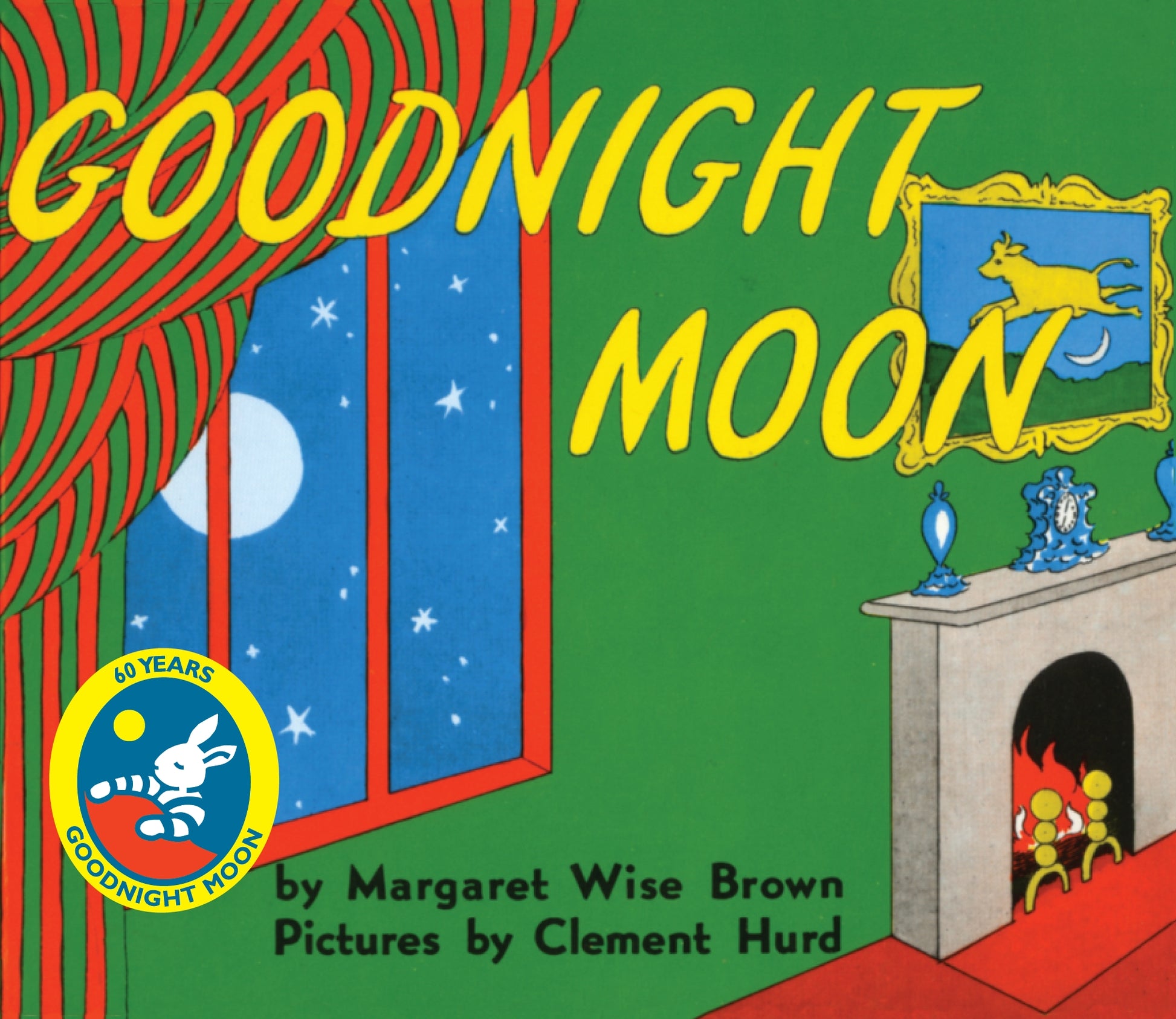 Goodnight Moon book cover featuring yellow title text, green background, red curtains with moon in window, and illustrated bedroom with fireplace