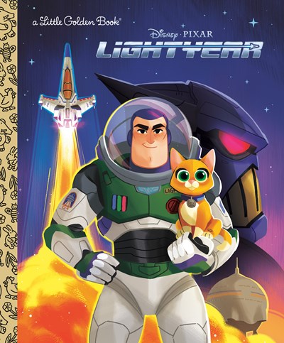a Little Golden Book cover featuring Disney Pixar's Lightyear with Buzz Lightyear in his space suit holding a yellow cat, a spaceship and flames in the backgrou