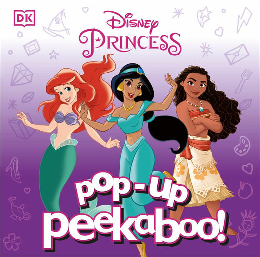 Disney Princess Pop-Up Peekaboo! Interactive Board Book cover featuring Ariel, Jasmine, and Moana with purple gradient background and decorative icons