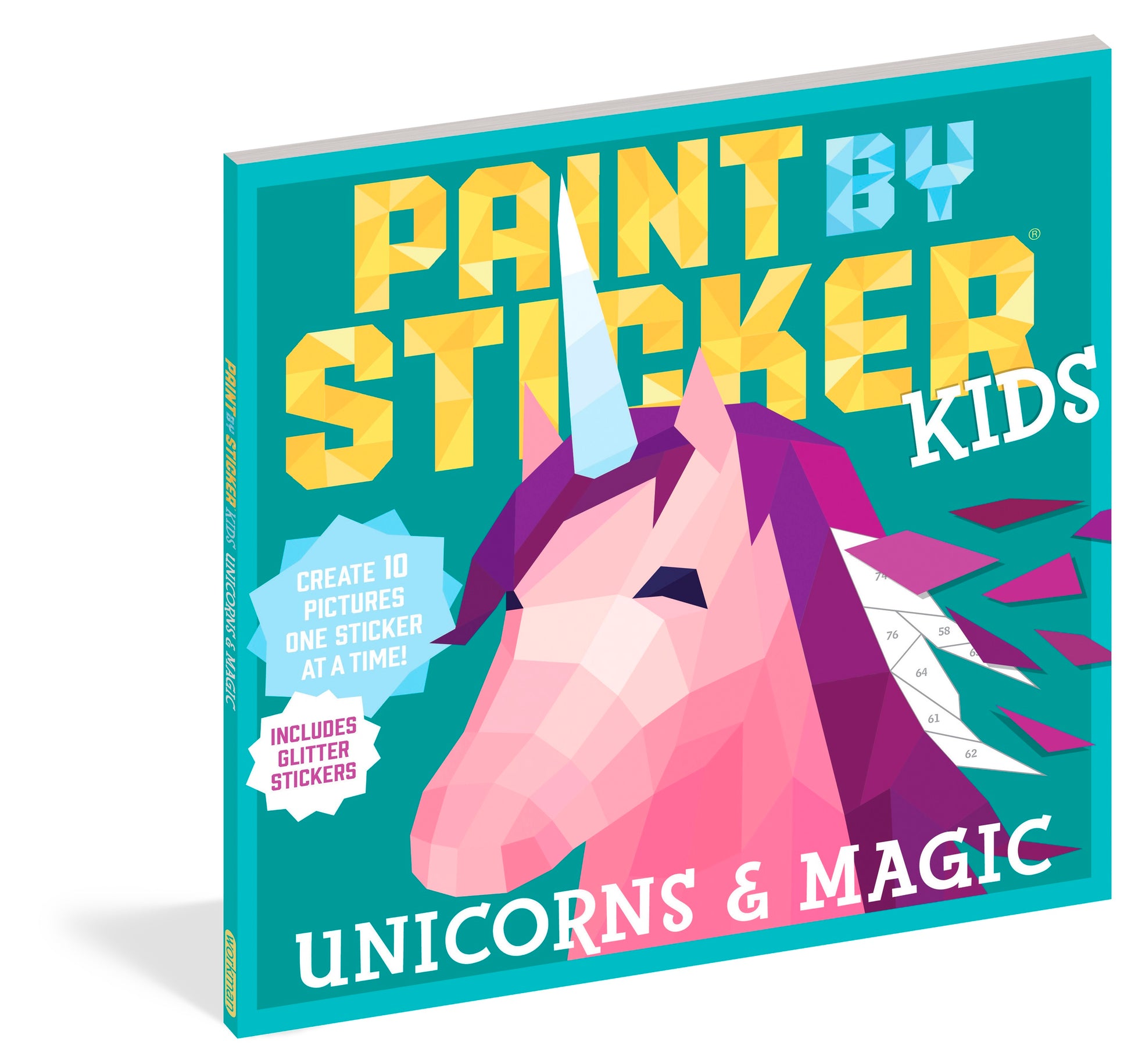 Paint by Sticker Kids: Unicorns & Magic activity book with turquoise cover, pink unicorn illustration, and text promoting 10 pictures to create with stickers in