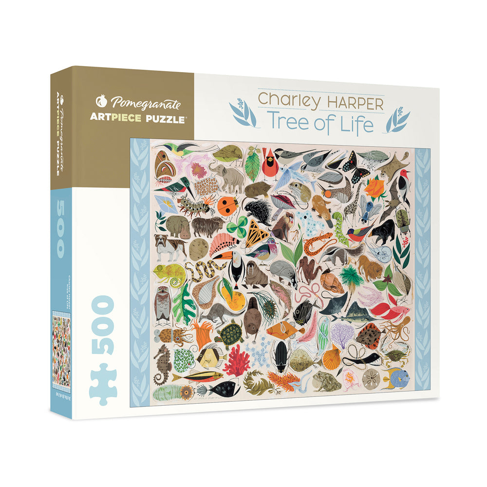 Pomegranate Artpiece Puzzle box featuring Charley Harper Tree of Life design with 500 pieces, showing colorful illustrated animals, plants, and nature elements