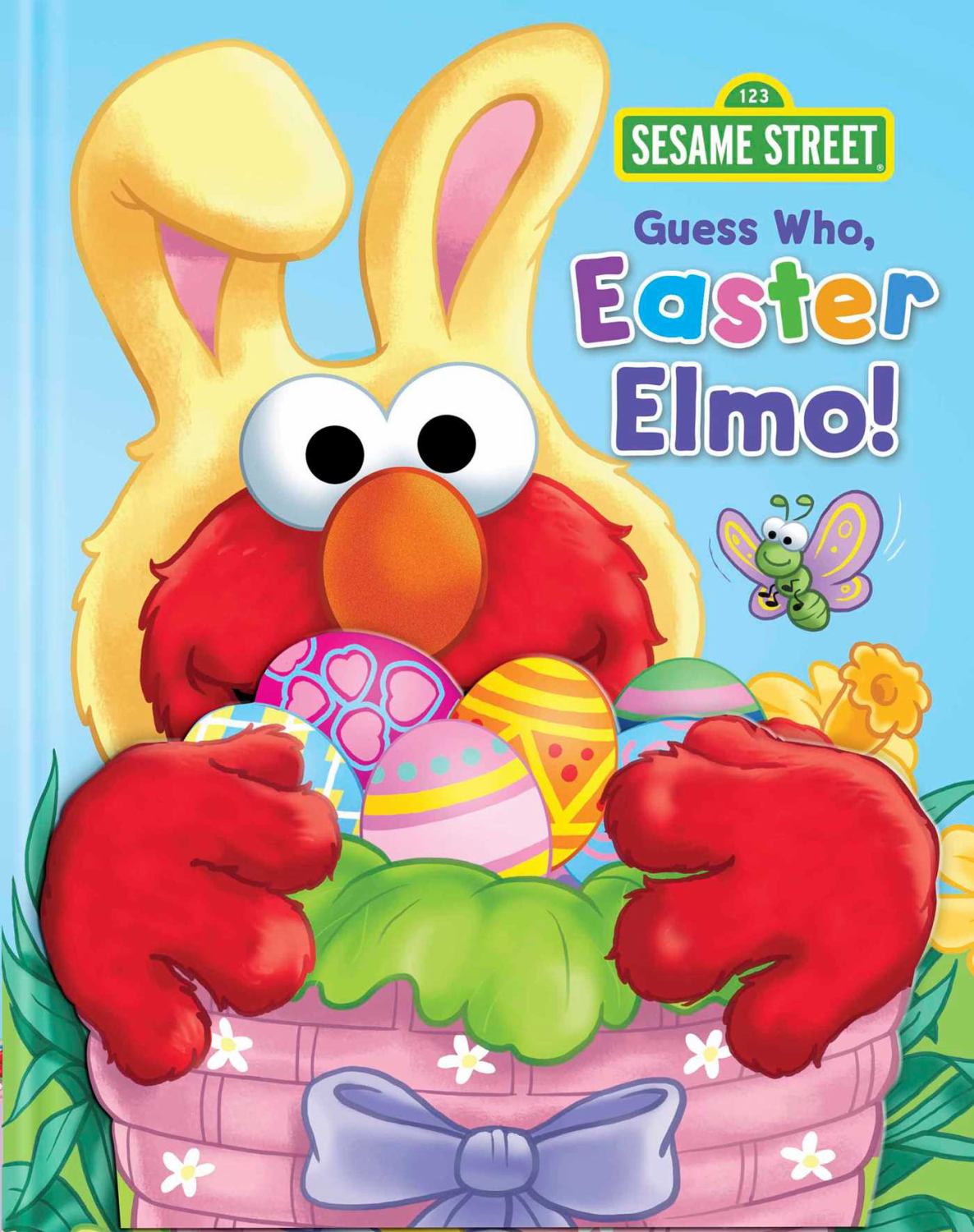 Sesame Street Guess Who, Easter Elmo! book cover featuring Elmo as a yellow bunny holding a pink basket filled with decorated Easter eggs