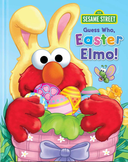 Sesame Street Guess Who, Easter Elmo! book cover featuring Elmo as a yellow bunny holding a pink basket filled with decorated Easter eggs