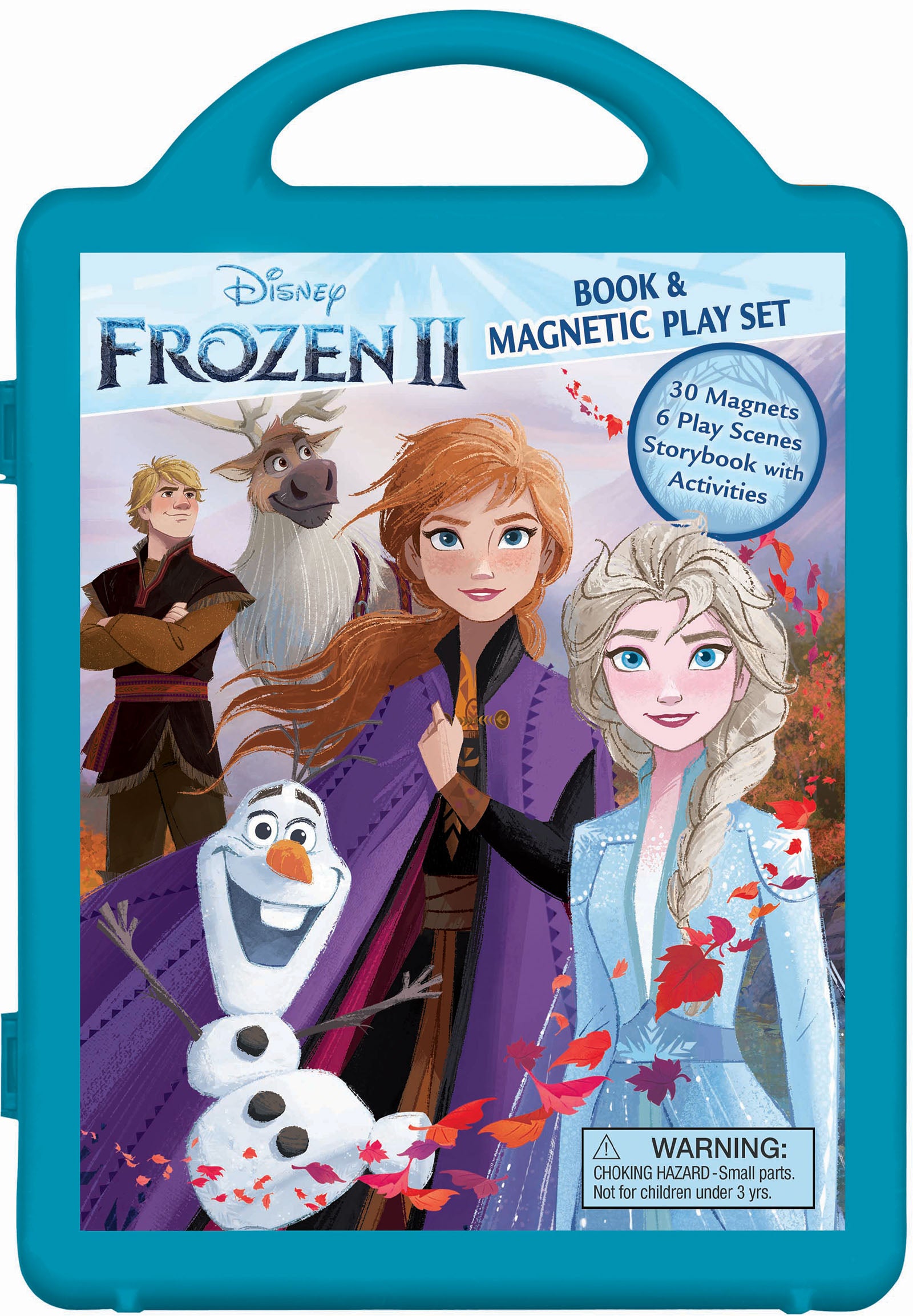 Disney Frozen II book and magnetic play set with turquoise carrying case featuring Anna, Elsa, Olaf, Kristoff, and Sven characters