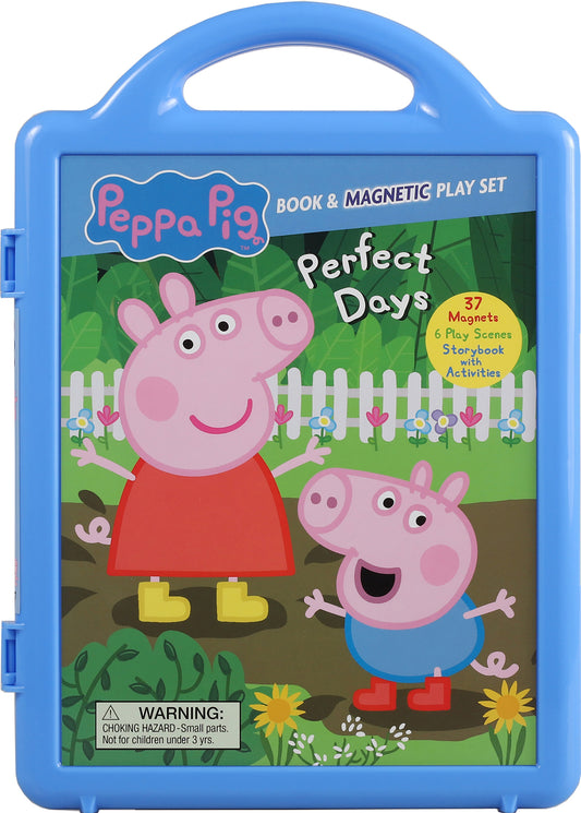 Peppa Pig book and magnetic play set in blue carrying case with handle, featuring Peppa and George characters, white picket fence, garden scene, includes 37 mag