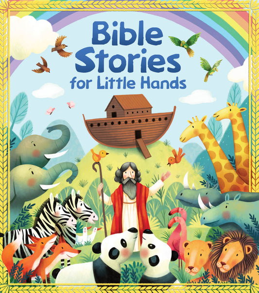 Bible Stories for Little Hands Padded Board Book cover showing Noah's Ark surrounded by animals including elephants, giraffes, zebras, lions, and pandas, with a