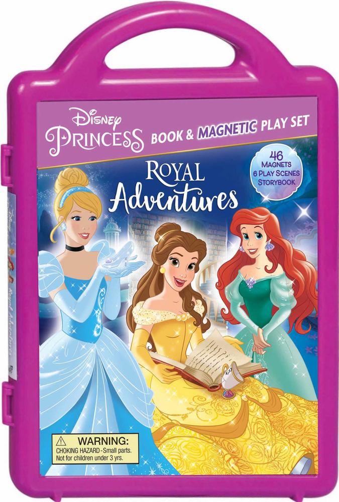 Disney Princess Book & Magnetic Play Set with magenta carrying case, featuring Cinderella, Belle, and Ariel on cover with 140 magnets and 8 play scenes