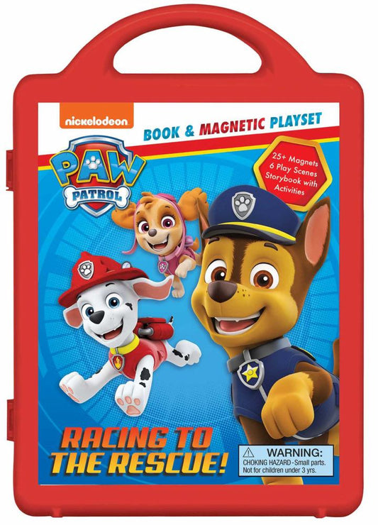 Paw Patrol: Racing to the Rescue Book & Magnetic Playset in red carrying case featuring Chase, Marshall, and Skye characters