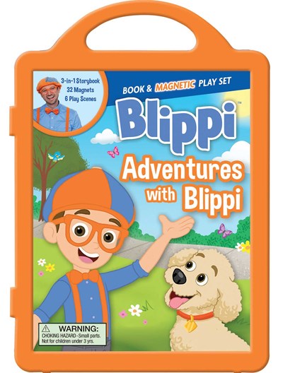 Blippi Adventures with Blippi book and magnetic play set in orange carrying case with handle