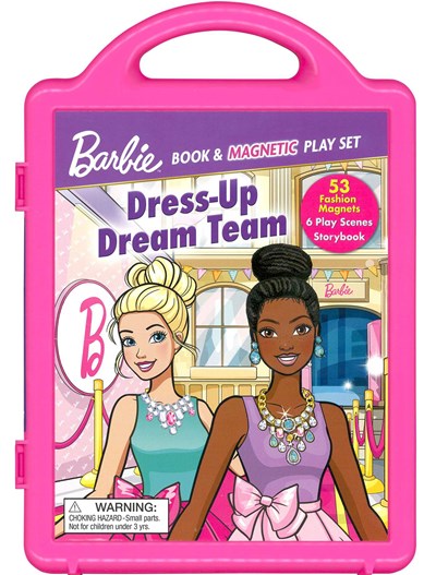 Barbie Book & Magnetic Play Set featuring Dress-Up Dream Team with two Barbie dolls in colorful outfits, includes 25 magnetic fashions and 6 play scenes storybo