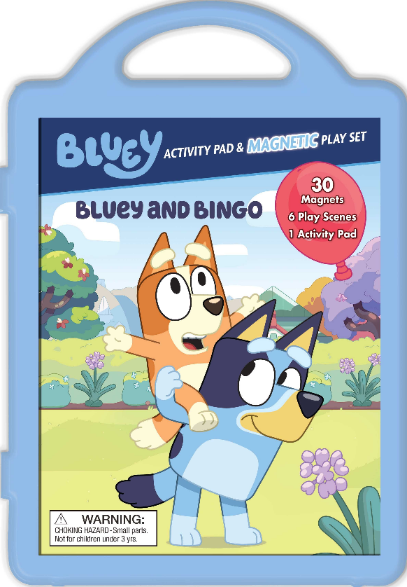 Bluey and Bingo Activity Pad & Magnetic Play Set with blue carrying case, featuring 30 magnets, 6 play scenes, and 1 activity pad