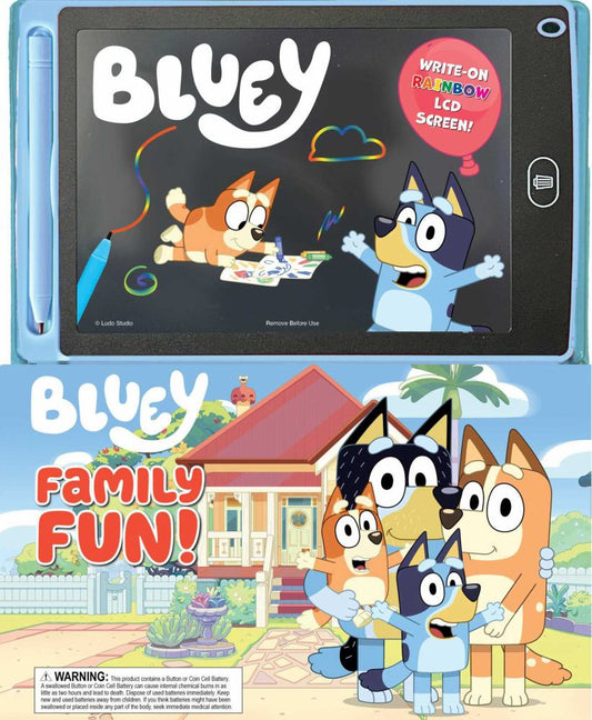 Bluey LCD Activity Interactive Drawing Learning System with write-on rainbow LCD screen, stylus pen, and packaging showing Bluey characters and Family Fun brand