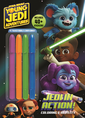 Star Wars Young Jedi Adventures coloring and activity book with four colorful crayons, featuring characters and 40+ stickers, Jedi in Action cover art