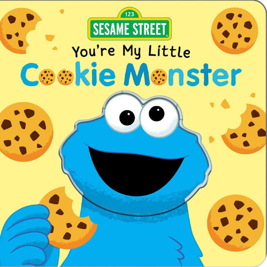 Sesame Street You're My Little Cookie Monster board book cover featuring Cookie Monster in blue with large eyes and a wide smile, surrounded by chocolate chip c