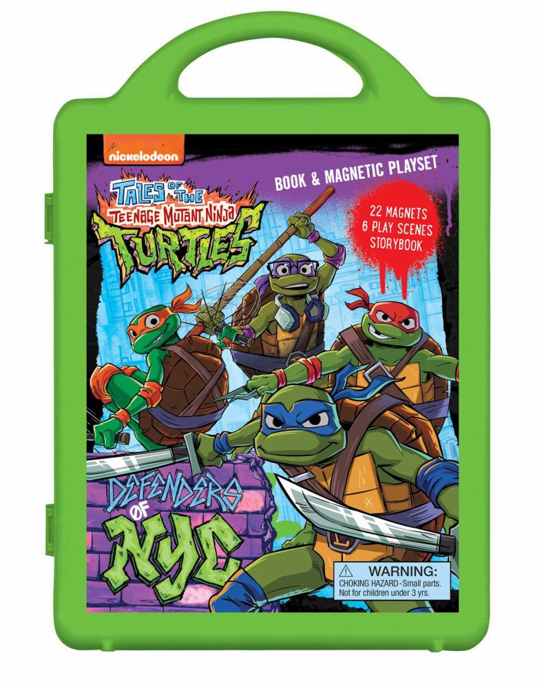 Teenage Mutant Ninja Turtles Defenders of NYC book and magnetic playset in green carrying case with handle, featuring four turtles with weapons and "22 magnets,
