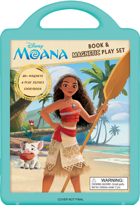 Disney Moana Book & Magnetic Play Set package with turquoise carrying handle, featuring Moana holding an oar, alongside Heihei the rooster and Pua the pig on a