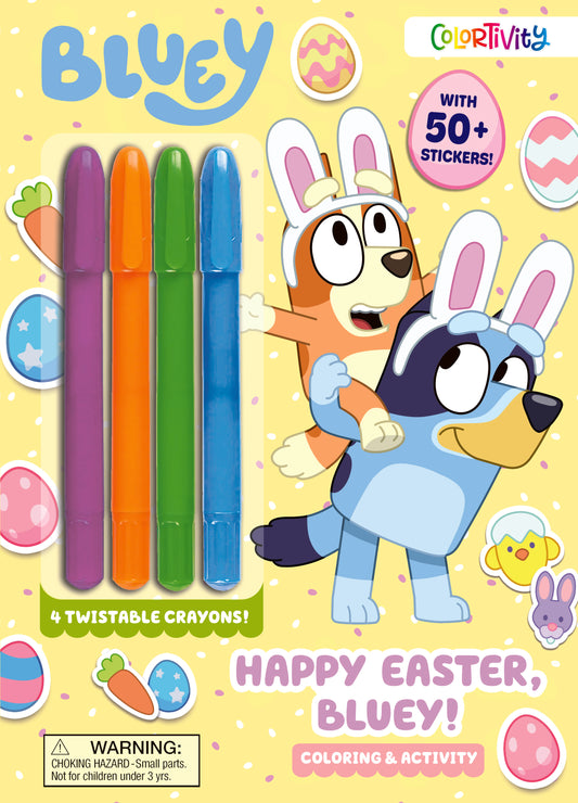 Bluey Colortivity Happy Easter Bluey coloring and activity book cover featuring Bluey character, 4 twistable crayons in purple orange green and blue, 50+ sticke