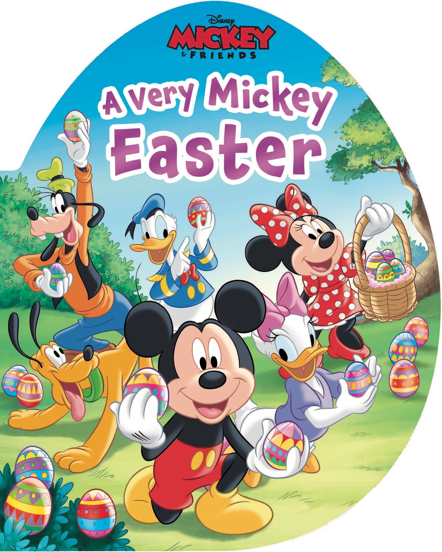 Disney Mickey & Friends: A Very Mickey Easter egg-shaped board book cover featuring Mickey Mouse, Minnie Mouse, Donald Duck, Goofy, and Pluto holding colorful E