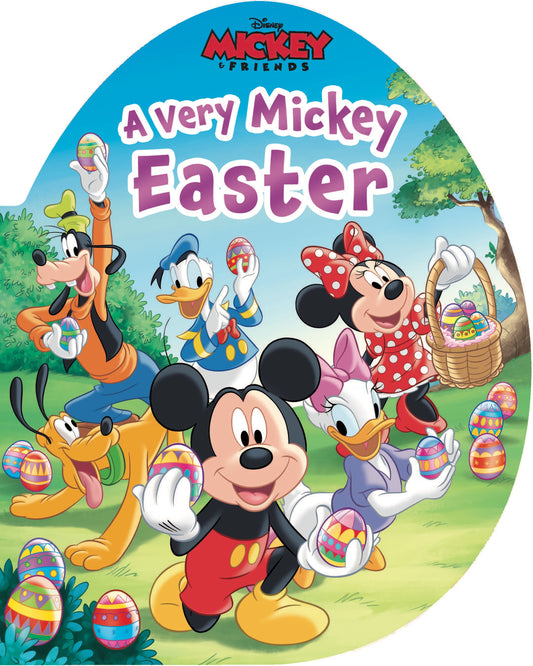 Disney Mickey & Friends: A Very Mickey Easter egg-shaped board book cover featuring Mickey Mouse, Minnie Mouse, Donald Duck, Goofy, and Pluto holding colorful E