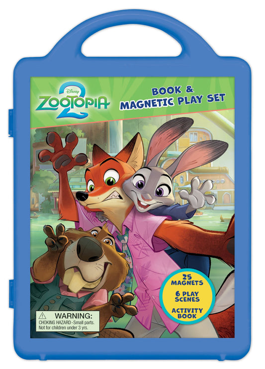 Disney Zootopia 2 Book and Magnetic Play Set with blue carrying case, featuring Judy, Nick, and Benny characters, includes 25 magnets and 6 play scenes
