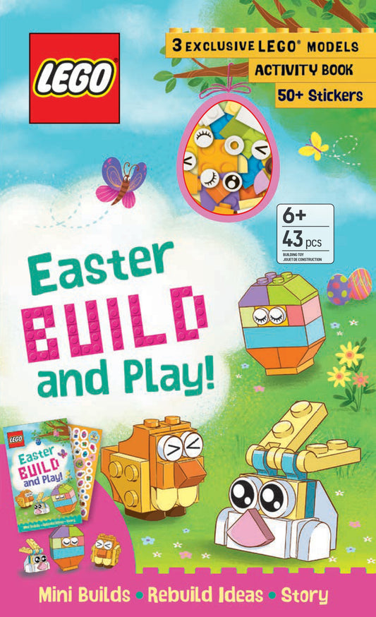 Easter Build and Play box featuring LEGO logo, colorful Easter egg builds with face details, butterflies, flowers, 3 exclusive LEGO models, activity book, 50+ s