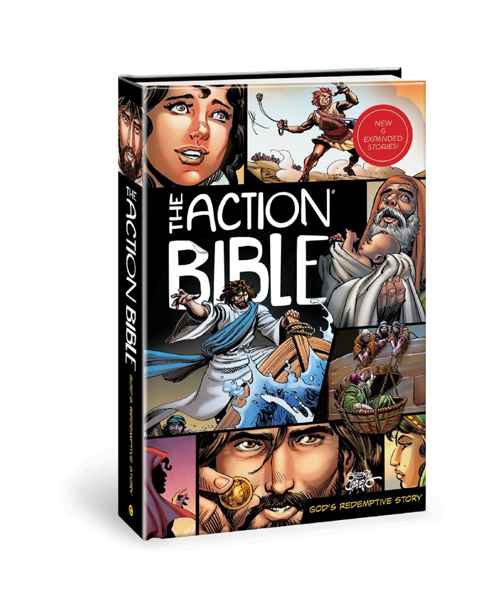 The Action Bible hardcover book featuring comic-style illustrations of biblical characters and stories, with subtitle "God's Redemptive Story" and "New & Expand