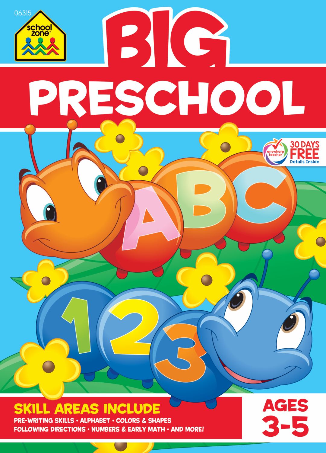 Big Preschool educational workbook for ages 3-5 featuring colorful caterpillar and number characters
