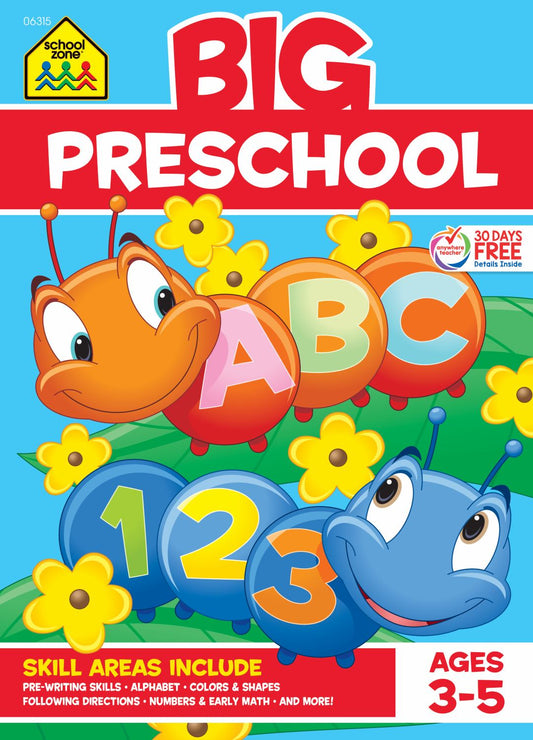 Big Preschool educational workbook for ages 3-5 featuring colorful caterpillar and number characters
