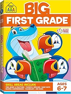 Big First Grade Learning Workbook with colorful educational activities for reading, math, and phonics