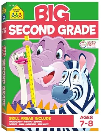 Big Second Grade workbook with colorful animals and ruler, educational learning book