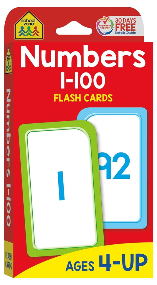 School Zone Numbers 1-100 Flash Cards package showing sample cards with number 1 and 92, ages 4-up