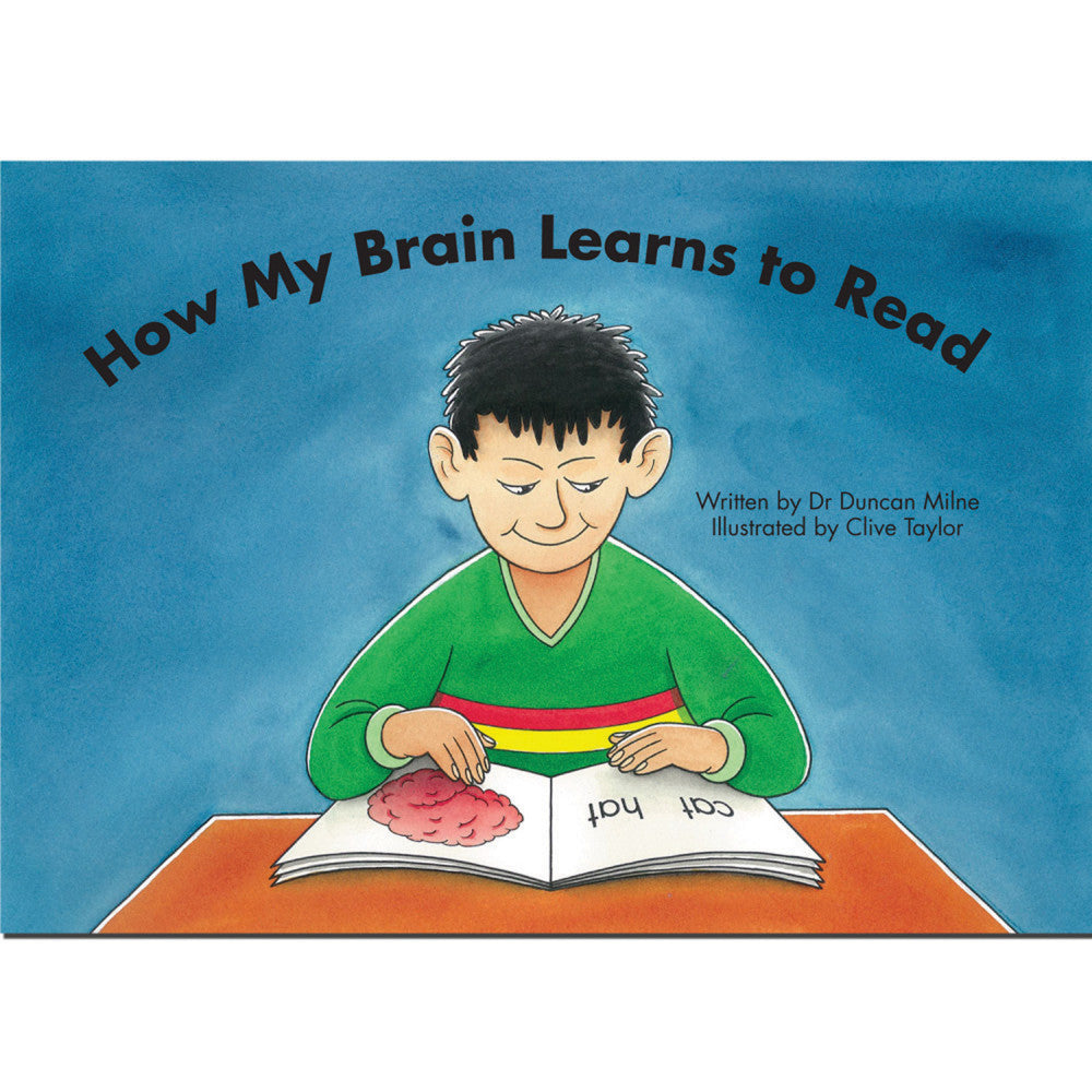 How My Brain Learns to Read book cover showing a child reading with a colorful brain illustration and rainbow-striped bookmark, written by Dr Duncan Milne and i