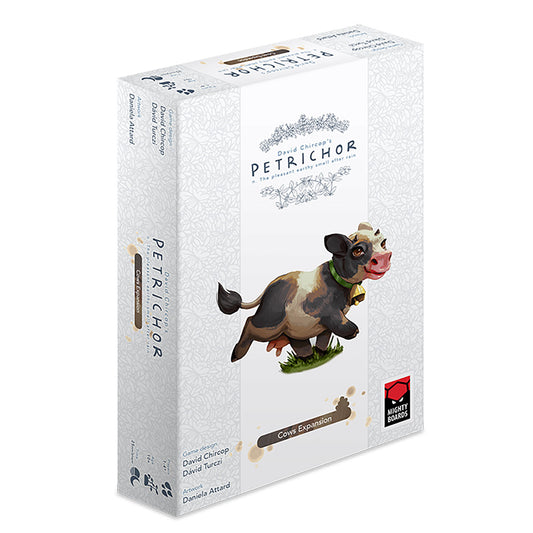 Petrichor: Cows Expansion board game box featuring illustrated cow character with green collar on white packaging