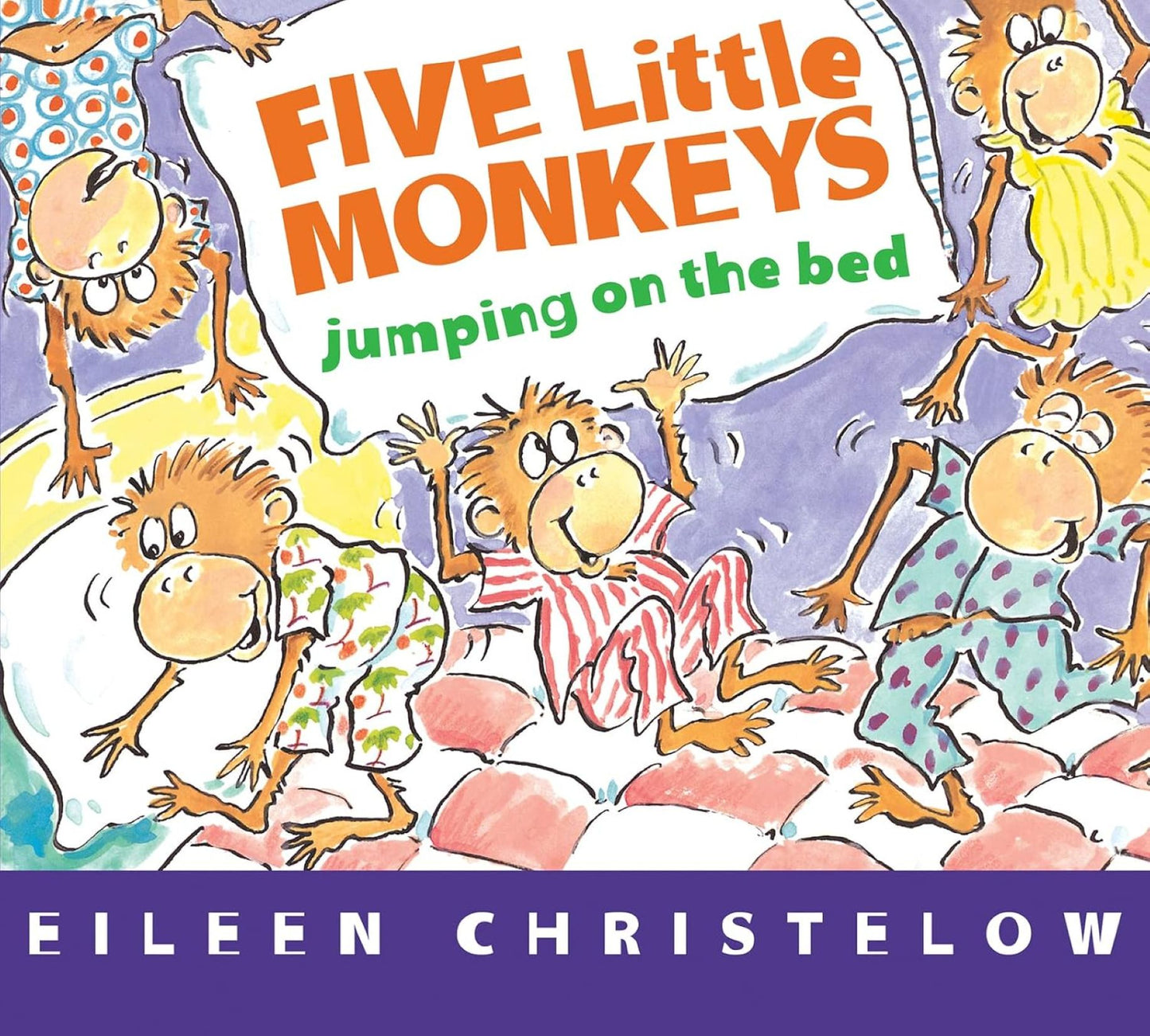 Five Little Monkeys Jumping on the Bed by Eileen Christelow book cover featuring cartoon monkeys in pajamas bouncing on a bed