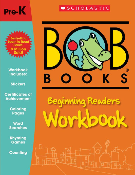 Bob Books Beginning Readers Workbook cover featuring a green frog holding a red apple, with text listing included stickers, certificates, coloring pages, word s