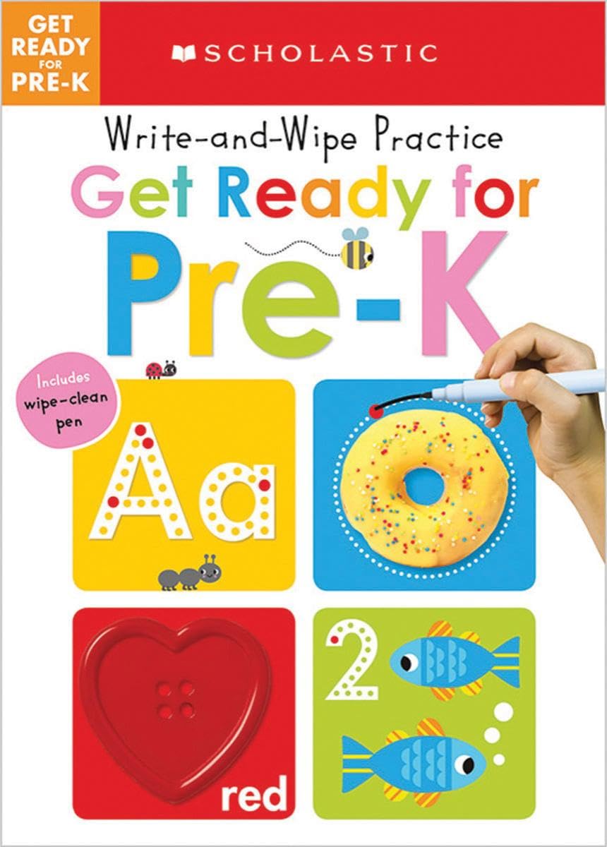 Scholastic Get Ready for Pre-K Write-and-Wipe Practice workbook cover showing colorful letter and number activities with a child's hand holding a wipe-clean pen