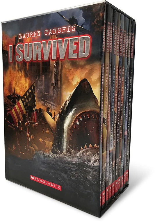 I Survived Series 10-book box set by Lauren Tarshis showing dramatic cover art with a giant shark, burning buildings, and American flag, Scholastic publisher