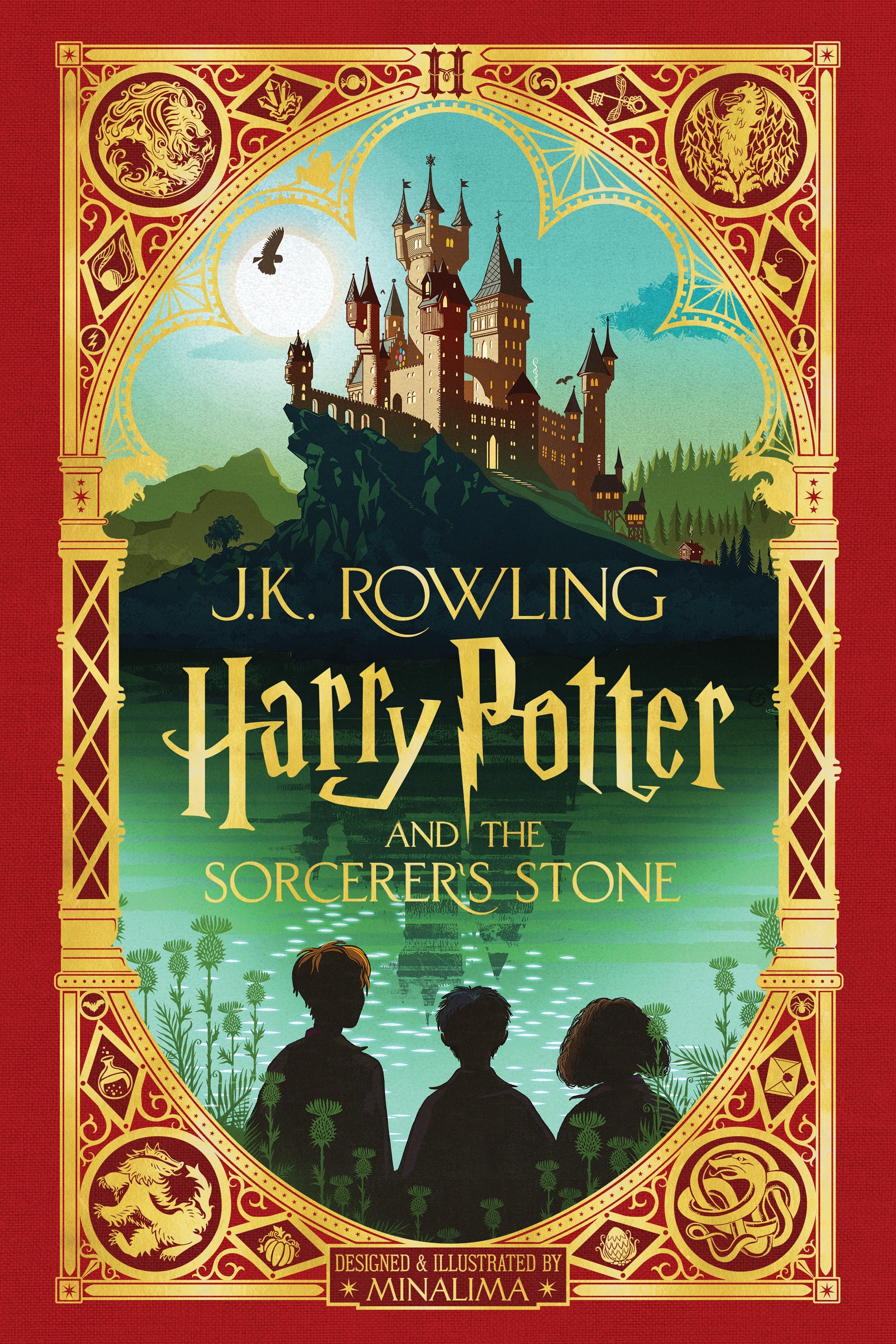 J.K. Rowling Harry Potter and the Sorcerer's Stone MinaLima illustrated edition book cover with ornate gold and red border, castle on hilltop, and three childre